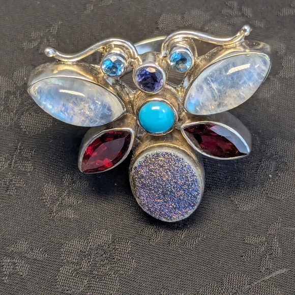 Rare Nicky Butler Butterfly Big Ring Moonstone Garnet Turquoise Size 10 - Picture 4 of 11